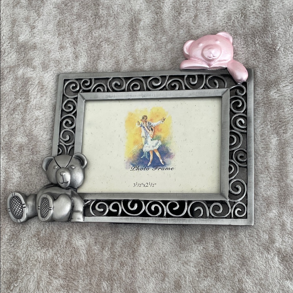 Silver and Pink Metal Teddy Bear Photo Frame- 3 1/2 x 2 1/2